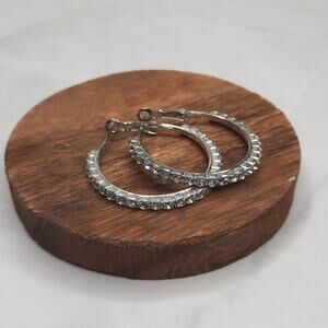 Silver Tone Rhinestone Embellished 1.5 Inch Hoop Earrings